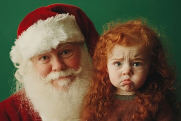 Wall Mural - Isolated white toddler girl in festive knee on green background. Gleeful xmas, lovely toddler girl! copy space. Santa claus green. Kid santa claus holiday theme. Kid on santa's lap.