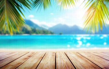 Wall Mural - Scenic tropical beach view with vibrant blue water, palm leaves, and a wooden deck under a bright sunny sky.