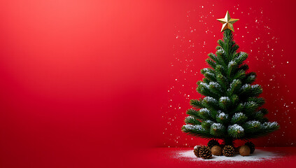 Aufkleber - Fir tree Christmas ornament features pine cone snow on a red background ideal for winter concepts and flat lay templates._00003_