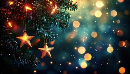 Poster - Glistening Christmas tree decorated with golden stars and sparkling lights, creating a festive atmosphere.