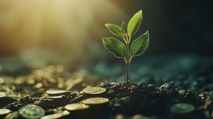 Wall Mural - Sustainable finance and investment concept with a plant sprouting from savings coins