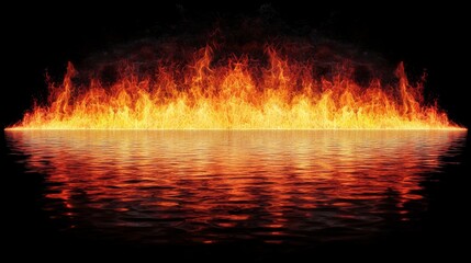 Poster - Textures of blazing flames and fire overlaid on a background with water reflections, isolated.