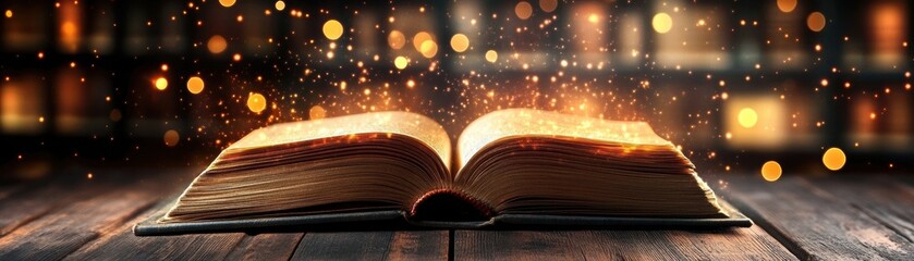 Wall Mural - an enchanting book opens to reveal a glowing magical aura, illuminated by sparkling lights and a war