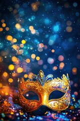 Poster - A vibrant golden mask surrounded by colorful bokeh lights, perfect for festive celebrations and mysterious themes.