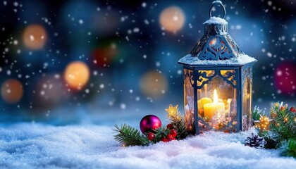 Poster - A cozy lantern shines warmly in the snow, surrounded by festive decorations and soft snowfall, evoking holiday spirit.