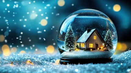 Poster - A charming snow globe featuring a cozy house surrounded by snow-covered trees and soft glowing lights.
