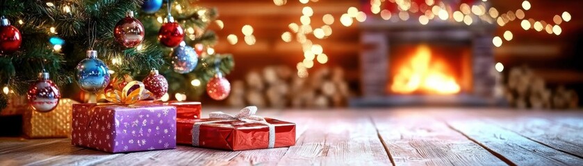 Wall Mural - Cozy holiday scene featuring a decorated Christmas tree, presents, and a glowing fireplace with twinkling lights.