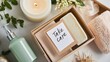 © CreativeBro - Personal care essentials including shower gel, soap, candle, and a heartfelt message in a tranquil setting for self-care moments