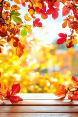 Wall Mural - A vibrant autumn scene with colorful leaves framing a wooden table, capturing the essence of fall in nature.