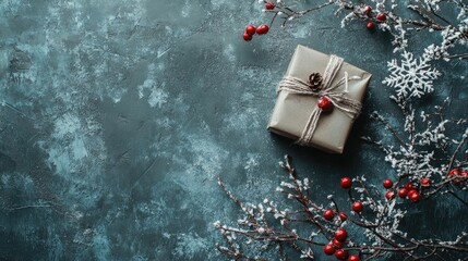 Sticker - Winter flat lay scene featuring a decorative gift box surrounded by snowy branches and berries on a textured background with space for text.