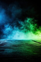 Poster - Vibrant mist envelops a dark surface, creating an atmospheric and mysterious scene with colorful hues of blue and green.