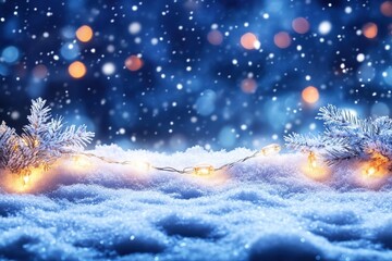 Poster - A serene winter scene featuring snowy landscapes adorned with glowing lights and gentle snowfall, perfect for holiday themes.
