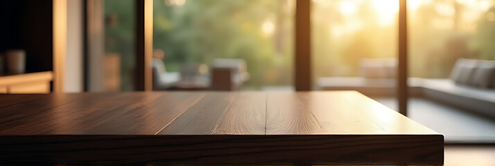 Aufkleber - Dark wood texture of luxury counter island stands out against blurred abstract glass background with warm sunlight and subtle shadows._00003_