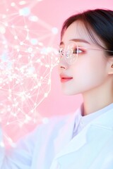 Aufkleber - Young South Korean Female Scientist Analyzing Glowing Conceptual Network in Pastel Minimalist Setting