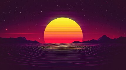 Sticker - A vibrant retro sunset over calm waves, featuring neon colors and scenic mountains, perfect for modern designs.