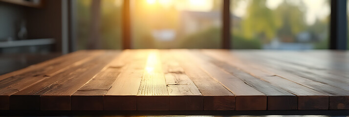 Aufkleber - Dark wood texture of luxury counter island stands out against blurred abstract glass background with warm sunlight and subtle shadows._00001_