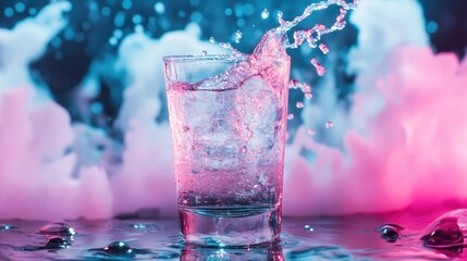 Aufkleber - Colorful liquid splash in glass with vibrant neon background creating a dynamic and energetic atmosphere for beverage-themed visuals.