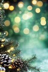 Poster - Festive pine branches with sparkling lights and pinecones create a magical holiday atmosphere in soft green tones.