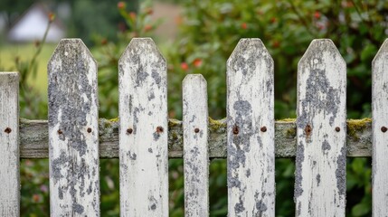 Canvas Print - Weathered wooden fence background texture with peeling paint and moss on a blurred green nature backdrop