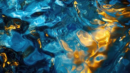 Wall Mural - Vibrant water surface with shimmering blue and golden textures creating an abstract natural background for design and art applications