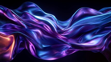 Poster - A 3D render of an abstract neon curved wave with a liquid glass, holographic, and iridescent effect, set against a dark background in motion. Ideal gradient design element for banners, backgrounds,