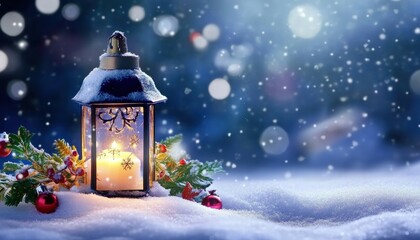 Poster - A serene winter scene featuring a lantern with a warm candlelight surrounded by snow and holiday decorations.