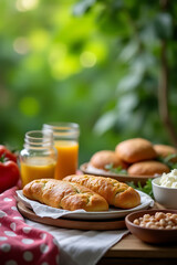 Poster - Cooking breakfast food or bakery with ingredients and copy space of a blurred tablecloth on a green bokeh background._00001_
