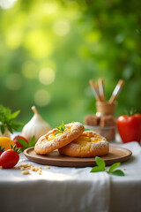 Poster - Cooking breakfast food or bakery with ingredients and copy space of a blurred tablecloth on a green bokeh background._00002_