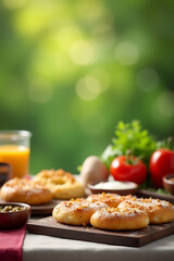Poster - Cooking breakfast food or bakery with ingredients and copy space of a blurred tablecloth on a green bokeh background._00003_
