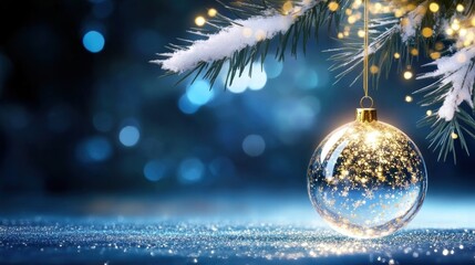Poster - Shimmering Christmas ornament hanging from a snow-covered pine branch, set against a dreamy blue background.