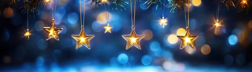 Poster - Golden stars sparkle against a dreamy blue background, creating a magical holiday atmosphere of warmth and joy.