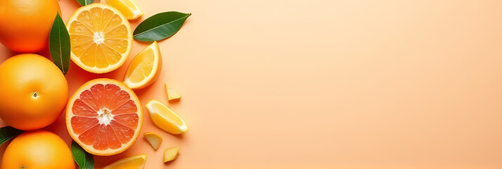 Poster - Colorful orange fruits are arranged on a soft pastel background in a visually appealing composition that conveys healthy eating concepts._00003_