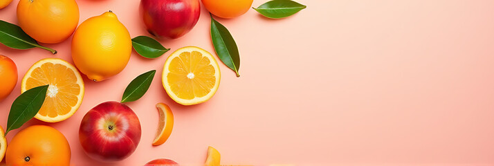Poster - Colorful orange fruits are arranged on a soft pastel background in a visually appealing composition that conveys healthy eating concepts._00002_