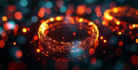 Fototapete - A Stock-produced abstract background with a metaverse and technology focus, showcasing yellow, gold, and blue colors, laser and geometric patterns, and a light glow in a dark space.