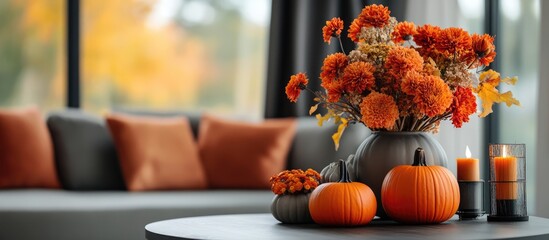 Fototapete - Modern autumn interior decor with vibrant orange pumpkins and flower arrangements in stylish living space