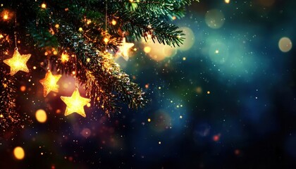 Poster - A beautifully decorated Christmas tree with glowing stars and a magical bokeh background for holiday celebrations.