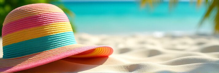 Aufkleber - Colorful hat decorates a tropical beach scene in an abstract summer holiday design with vibrant colors and a banner background._00001_