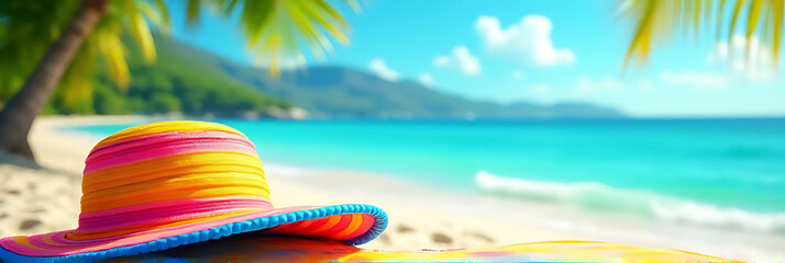 Aufkleber - Colorful hat decorates a tropical beach scene in an abstract summer holiday design with vibrant colors and a banner background._00002_