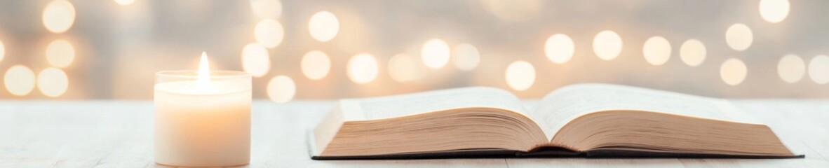 Poster - Warm Candlelit Ambiance Open Book with Flickering Background Bokeh