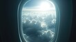 © CreativeBro - Serene airplane window view capturing fluffy clouds and sunlit sky during a tranquil flight experience.