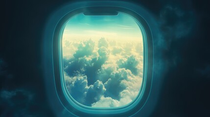 Wall Mural - Serene Airplane Window View with Natural Light Illuminating Soft Clouds in the Sky