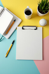 Poster - Business equipment is arranged in a flat lay composition against a colorful worktable background to showcase office decor style ideas._00001_