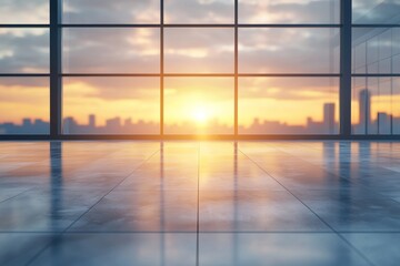 Poster - An attractive defocused view of a bright, modern office featuring large windows and lovely illumination.