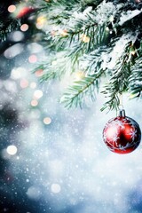 Poster - A close-up of a red Christmas ornament hanging on a snow-covered pine branch with shimmering bokeh lights in the background.