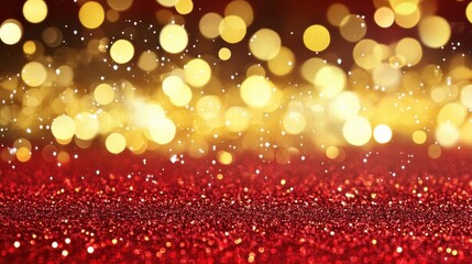 Poster - A captivating background of sparkling golden bokeh lights with a rich red glitter texture, perfect for festive designs.