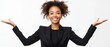 © Peerarut - Charismatic young businesswoman confidently gesturing outward while smiling sleek professional outfit sharp focus on white background dynamic and engaging style modern and approachable