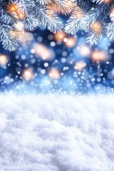 Poster - Glistening snow blanket under frosty pine branches adorned with soft glowing lights and dreamy bokeh background.