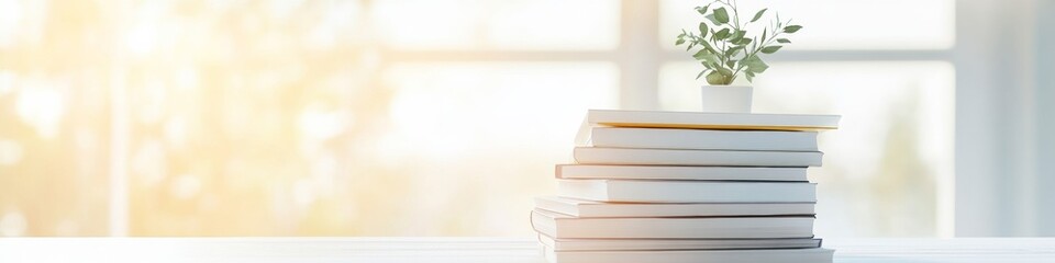 Poster - Tranquil Study Space Sunlit Stack of Books and Plant on Minimalist Desk