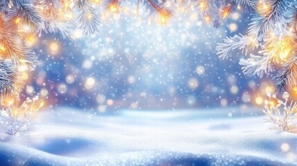 Poster - A serene winter scene featuring gentle snowfall and glowing lights amidst frosted branches, perfect for festive themes.