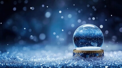 Poster - A beautiful snow globe capturing a serene winter scene with delicate snowflakes in a captivating blue background.